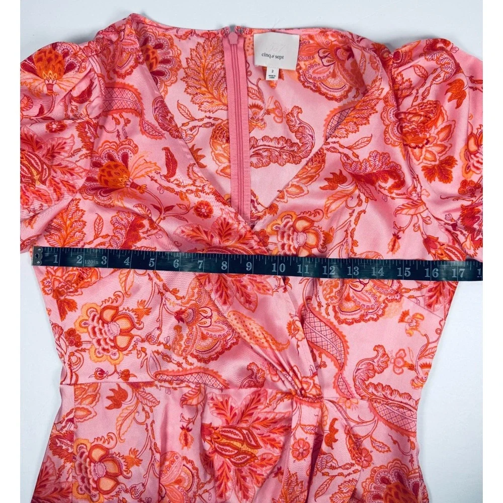 5a7 Cinq a Sept Kay Midi Dress Size 2 Pink Orange Floral Ruffle Faux Wrap Party